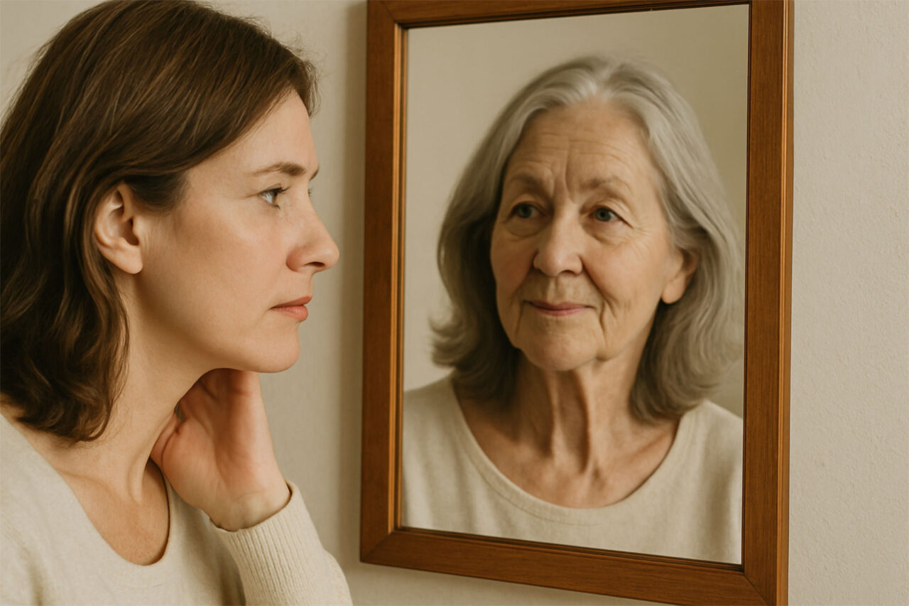 A woman sees an aged version of herself in the mirror.