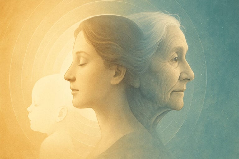 Profiles of a baby, young woman, and elderly woman against a gold-to-blue background, symbolizing life's passage.