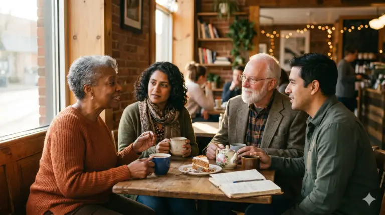 Death cafe group conversation coffee shop
